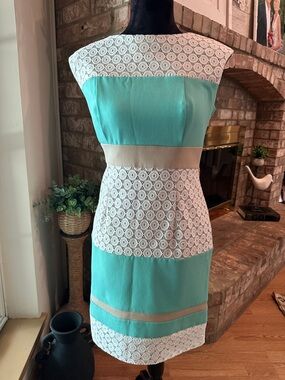 Mint Lace-Panel Sheath Dress with Cream Waistband